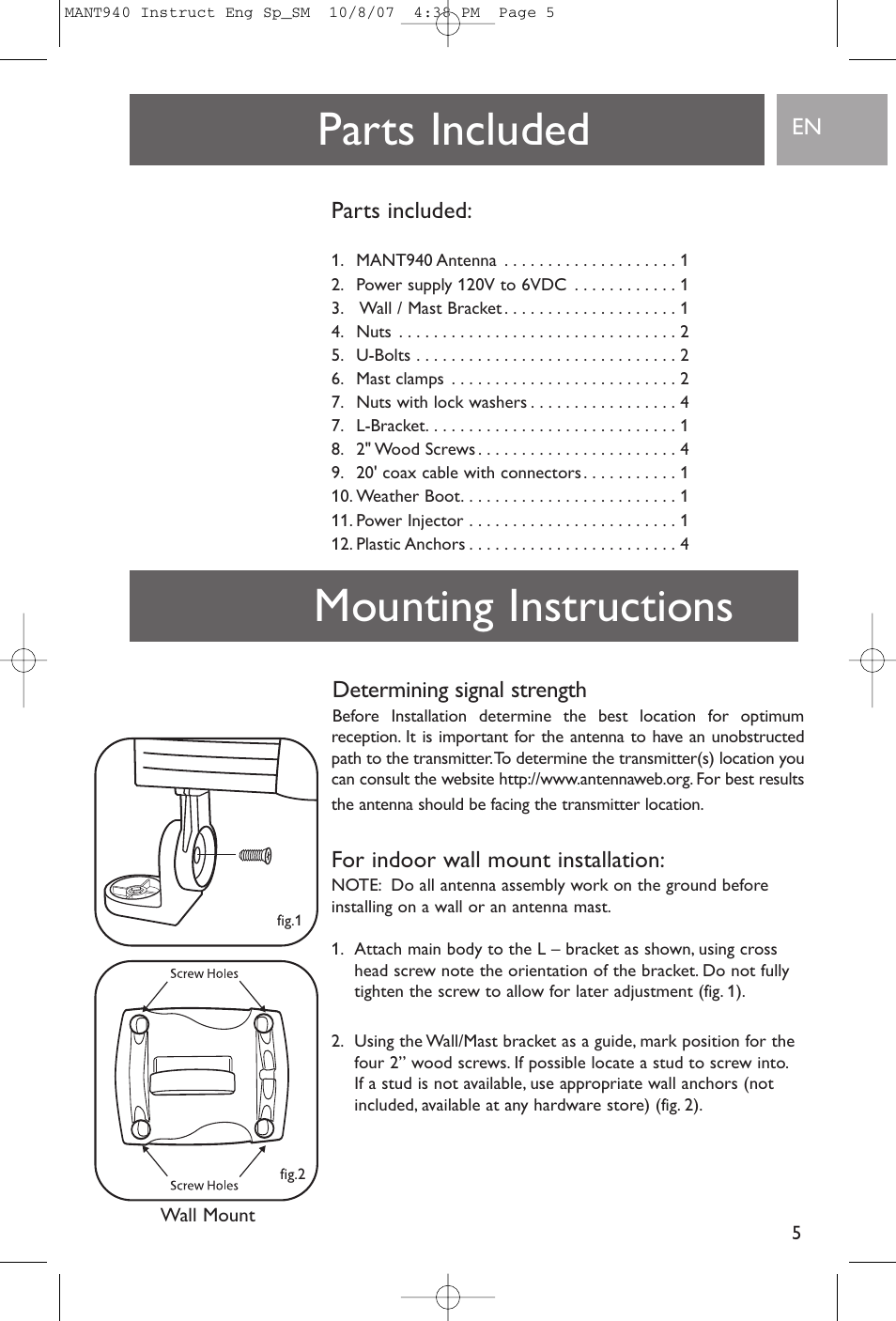 Mounting instructions, Parts included, Determining signal strength | For indoor wall mount installation | Philips US2-MANT940 User Manual | Page 5 / 16