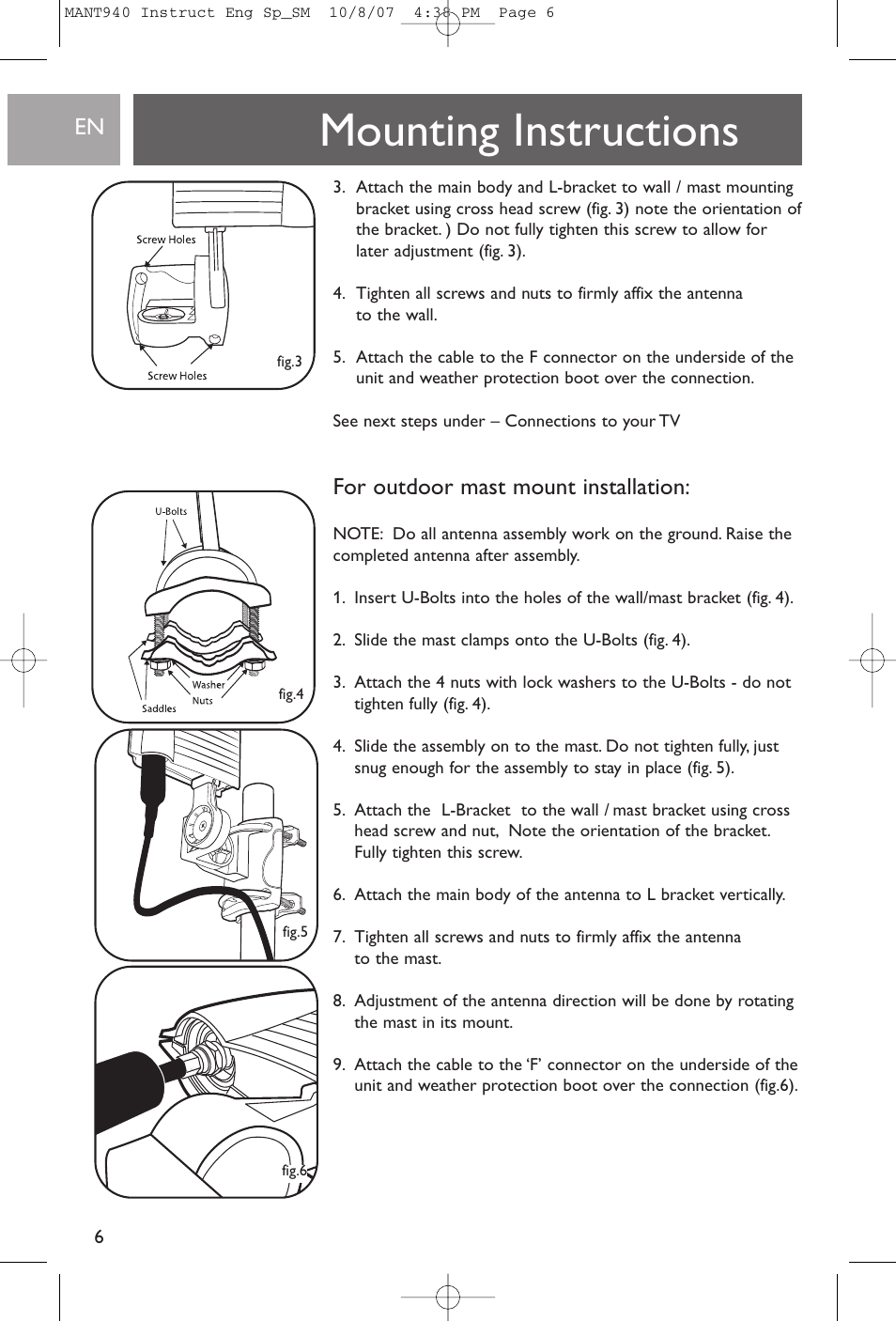 Mounting instructions, For outdoor mast mount installation | Philips US2-MANT940 User Manual | Page 6 / 16