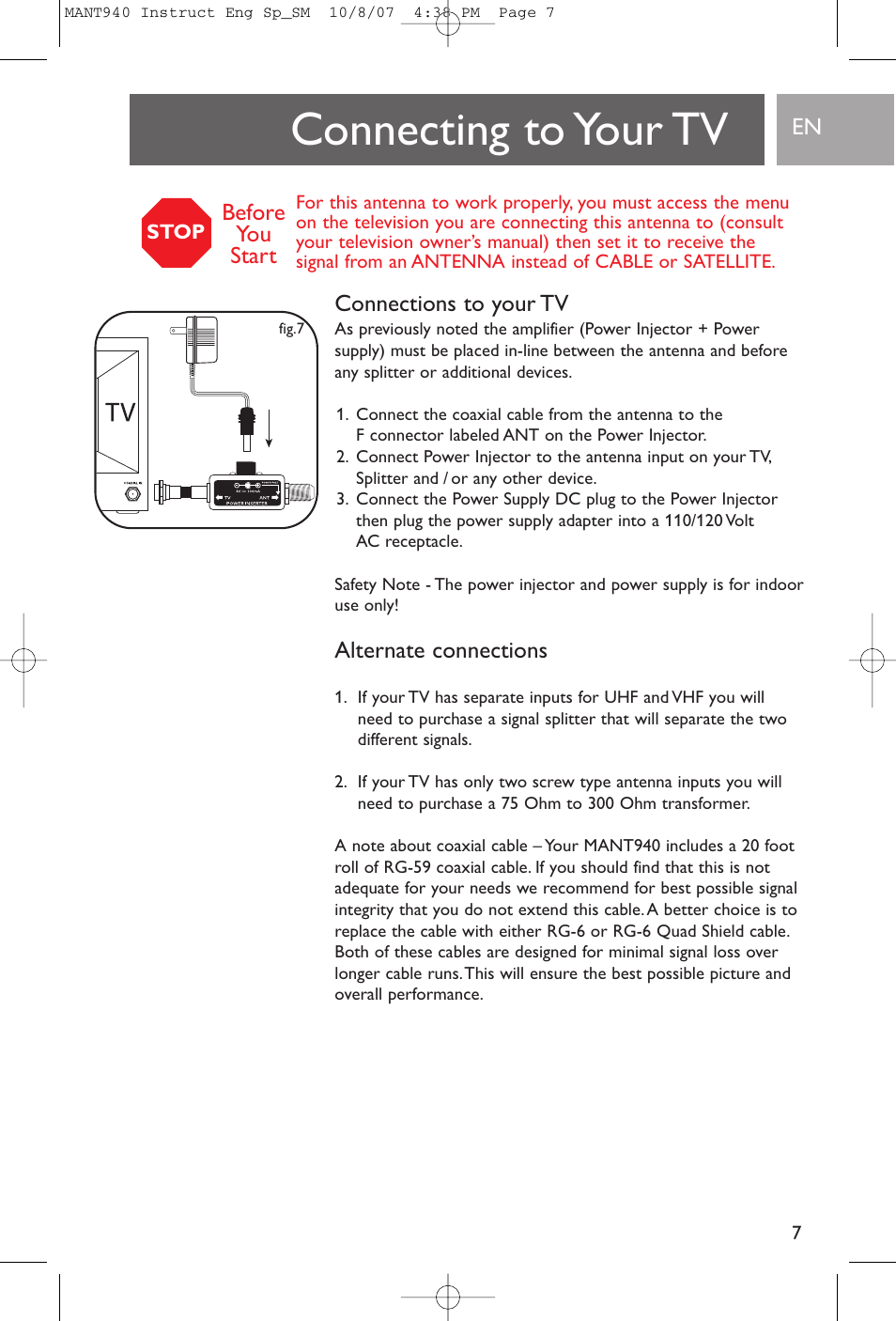 Connecting to your tv, Connections to your tv, Alternate connections | Before you start | Philips US2-MANT940 User Manual | Page 7 / 16