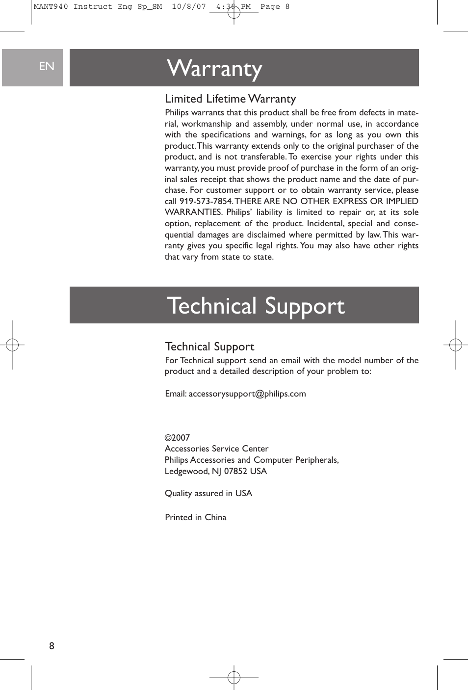 Warranty, Limited lifetime warranty, Technical support | Philips US2-MANT940 User Manual | Page 8 / 16