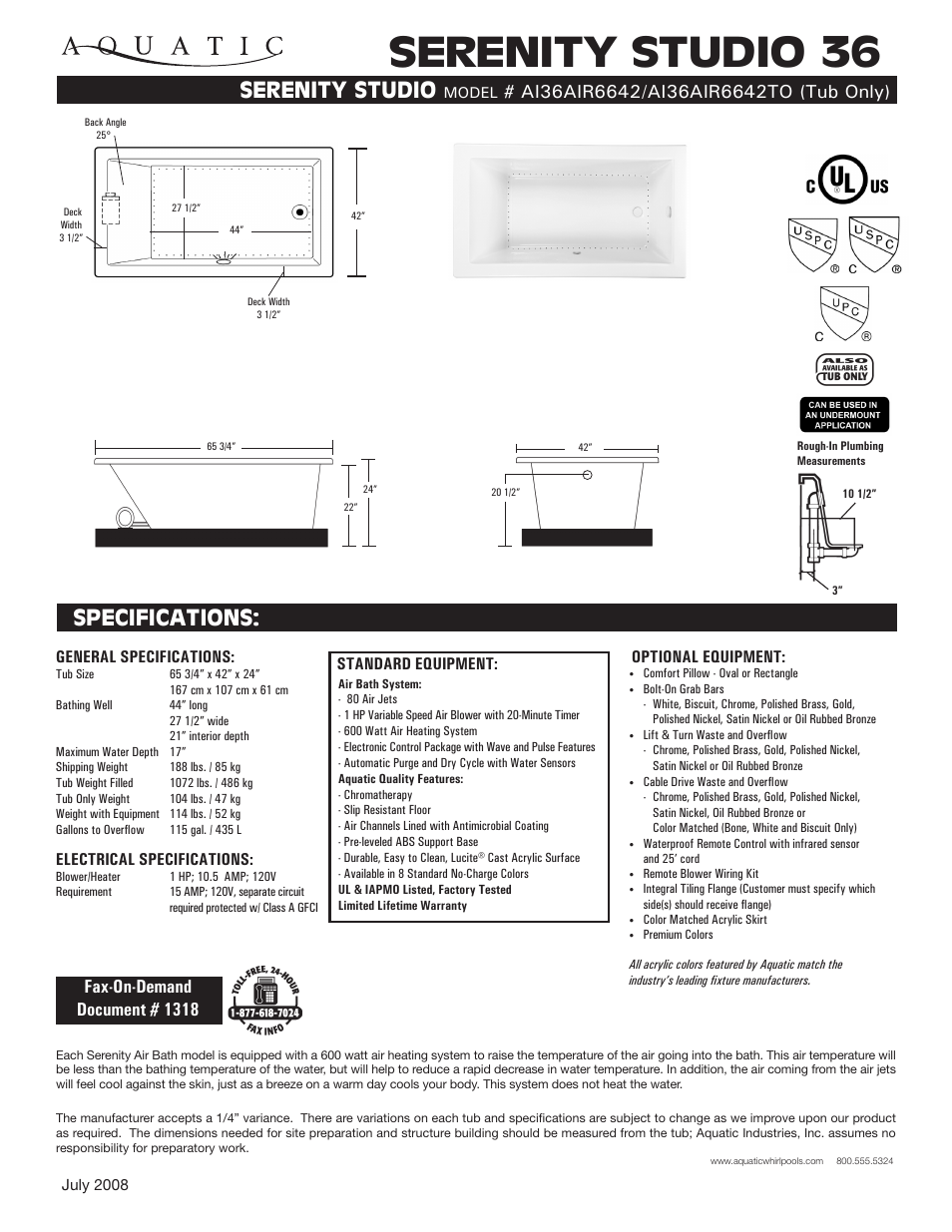 Aquatic AI36AIR6642 User Manual | 1 page