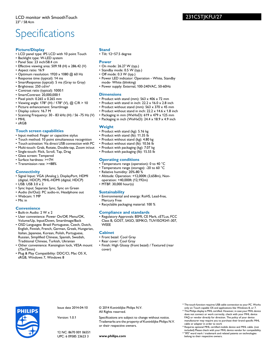 Specifications | Philips 231C5TJKFU-27 User Manual | Page 3 / 3