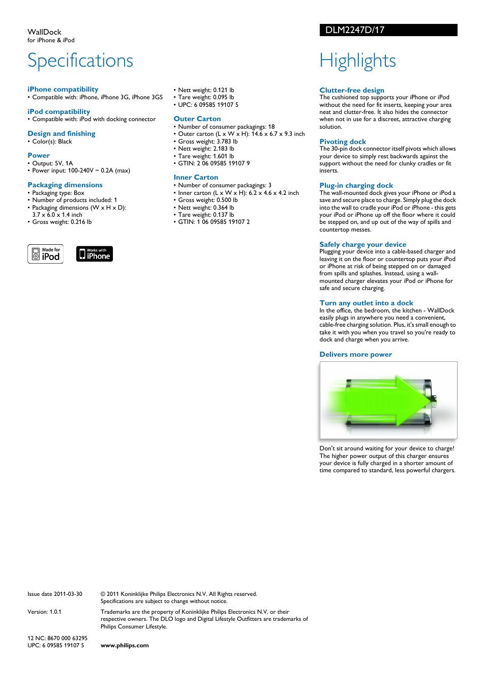 Specifications, Highlights | Philips DLM2247D-17 User Manual | Page 2 / 2