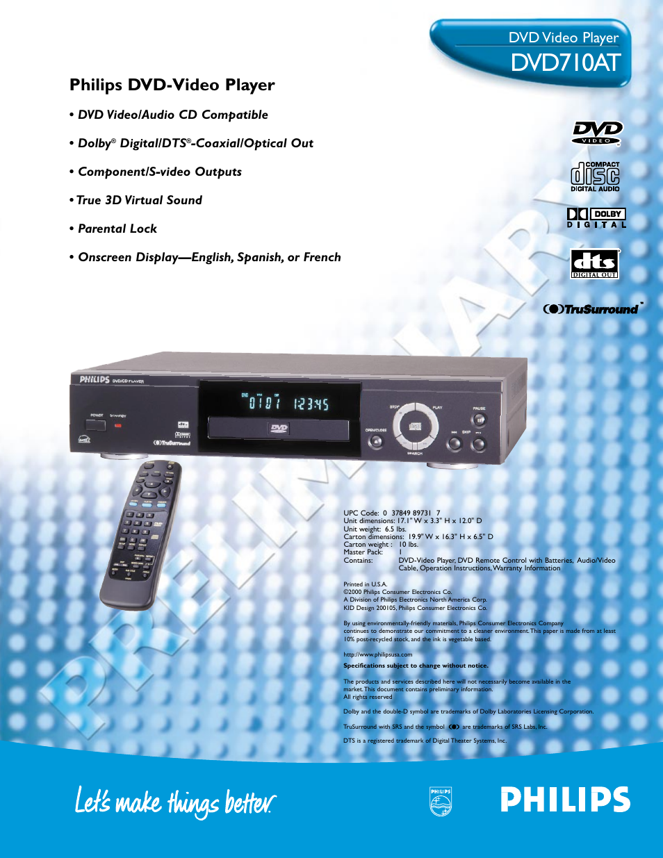 Philips DVD710AT User Manual | 1 page