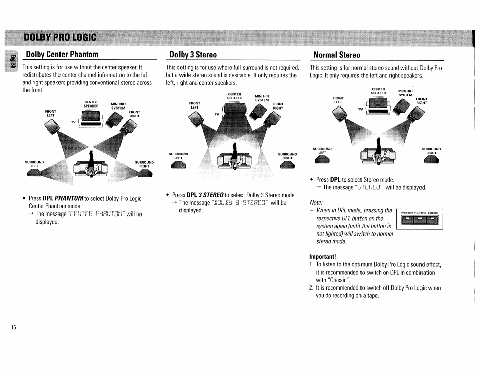 Dolb^protqilf, Dolby center phantom, Dolby 3 stereo | Normal stereo, Important | Philips FW754P37 User Manual | Page 16 / 86