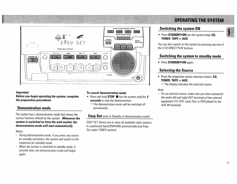 To cancel demonstration mode, Operating the system, Iciw raij | Philips FW754P37 User Manual | Page 17 / 86