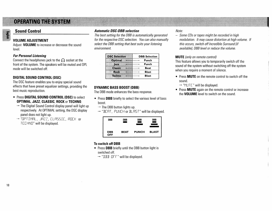 Sound control, Volume adjustment, Digital sound control (dsc) | Dynamic bass boost (dbb), To switch off dbb | Philips FW754P37 User Manual | Page 18 / 86