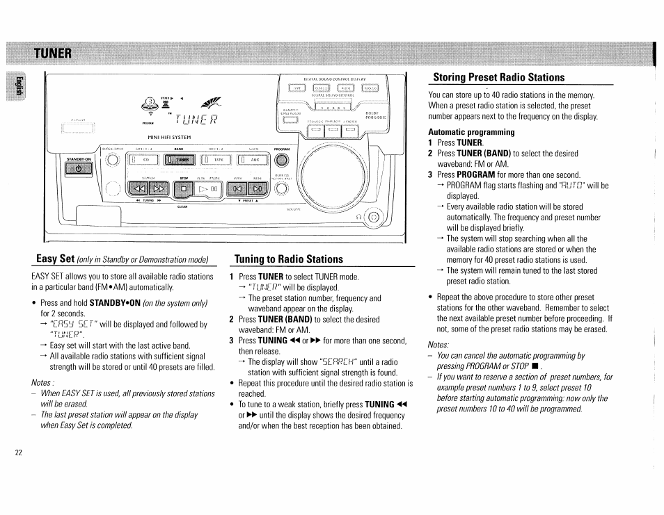 Tuner, Storing preset radio stations | Philips FW754P37 User Manual | Page 22 / 86