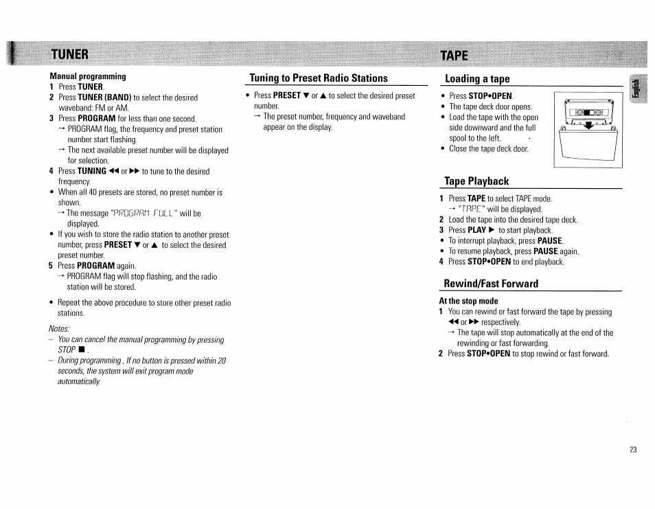 Tuner, Manual programming, Tape | Loading a tape, Tape playback, Rewind/fast forward, Tape -24 | Philips FW754P37 User Manual | Page 23 / 86