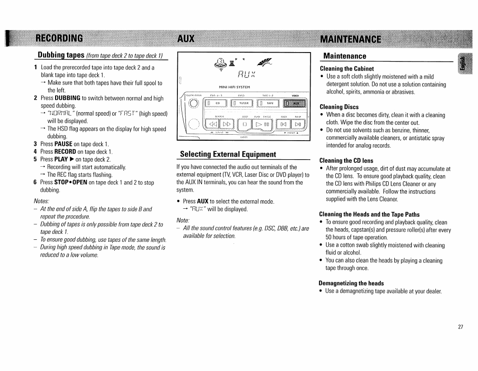 Recording, Selecting external equipment, Maintenance | Cleaning discs, Cleaning the cd lens, Cleaning the heads and the tape paths, Demagnetizing the heads | Philips FW754P37 User Manual | Page 27 / 86
