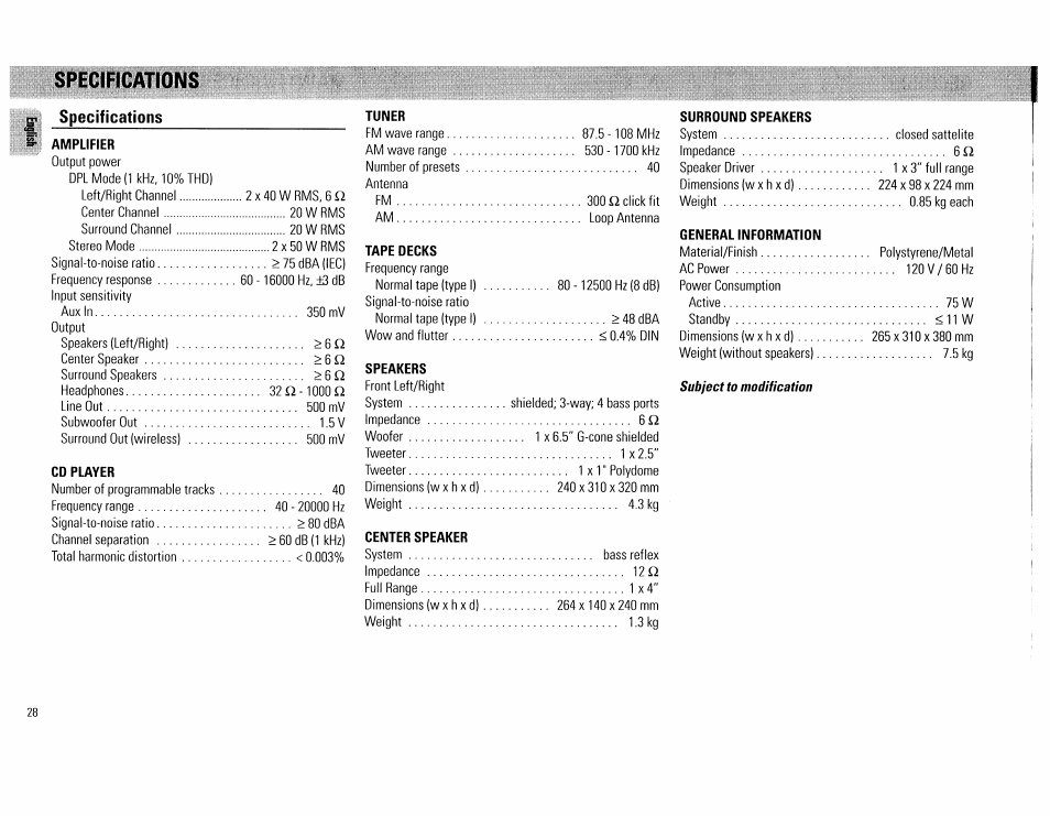 Specifications | Philips FW754P37 User Manual | Page 28 / 86