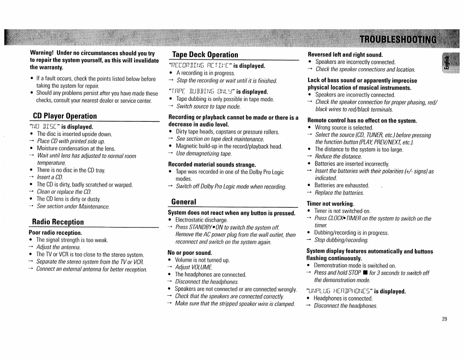 Reversed left and right sound, Trouble | Philips FW754P37 User Manual | Page 29 / 86