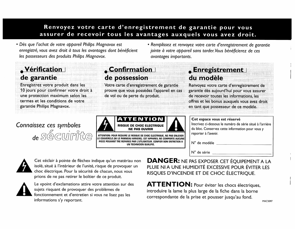 Vérification i de garantie, Confirmation i de possession, Enregistrement i du modèle | Vérification, De garantie, Enregistrement, Du modèle, Danger, Attention, Connaissez ces symboles | Philips FW754P37 User Manual | Page 30 / 86