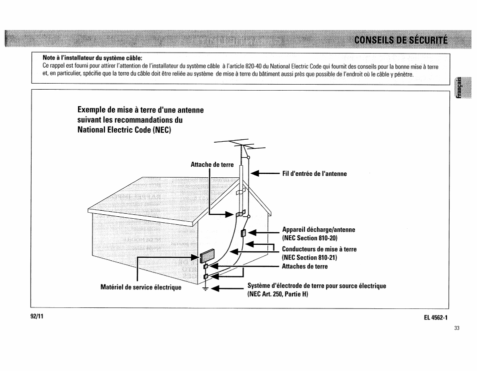 Note à i'installateur du système câble, El 4562-1 | Philips FW754P37 User Manual | Page 33 / 86