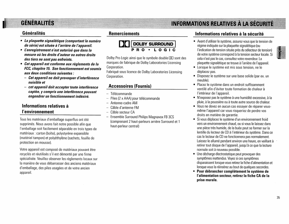6eneralites, Généralités, Informations relatives à l'environnement | Remerciements, Informations relatives à la sécurité, Accessoires (fournis) | Philips FW754P37 User Manual | Page 35 / 86