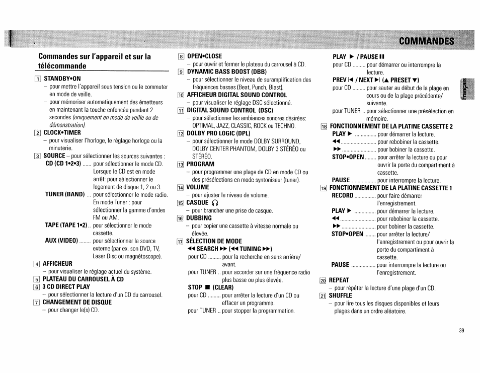 Open*close, Afficheur digital sound control, Dolby pro logic (dpl) | Program, Volume, Casque iti), Dubbing, Sélection de mode ◄◄ search ►► (◄◄ tuning ►►), Stop ■ (clear), Play ► / pause ii | Philips FW754P37 User Manual | Page 39 / 86