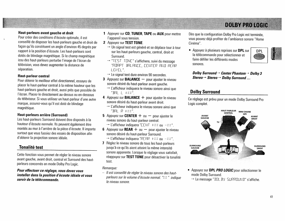 Haut-parleurs avant gauche et droit, Tonalité test, Dolby surround | Dolby pro | Philips FW754P37 User Manual | Page 41 / 86