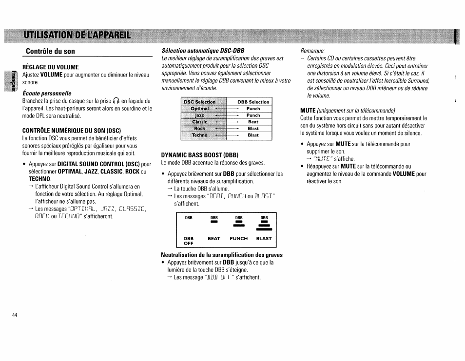 Utilisation de l'appareil, Contrôle du son, Réglage du volume | Contrôle numérique du son (dsc), Dynamic bass boost (dbb), Neutralisation de la suramplification des graves, Utilisation de l'appareil -44 | Philips FW754P37 User Manual | Page 44 / 86