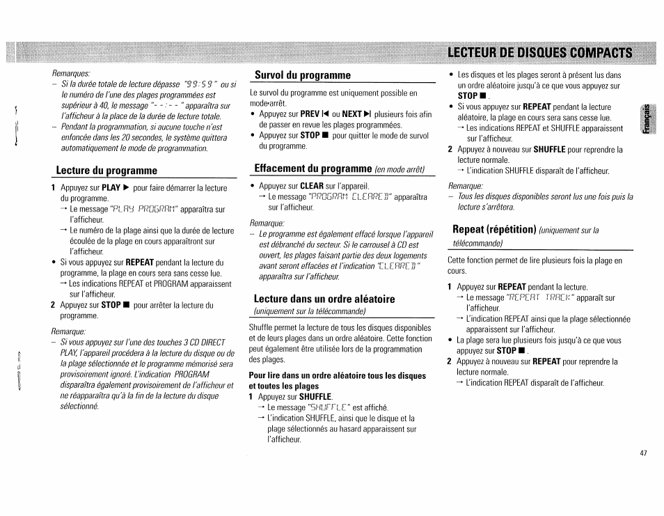 Lecteur de disques compacts, Lecture du programme, Survol du programme | Effacement du programme (en mode arrêti, Lecture dans un ordre aléatoire, Lenteur de disques compacts - 47 | Philips FW754P37 User Manual | Page 47 / 86