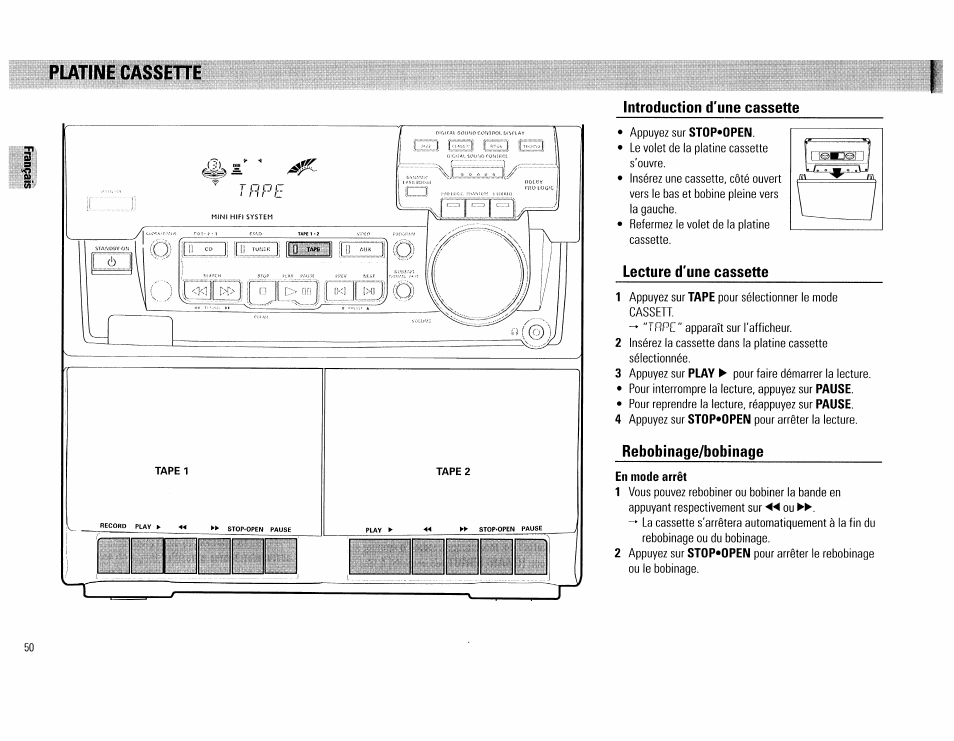 Püvrine cassette, Introduction d'une cassette, Lecture d'une cassette | Rebobinage/bobinage, En mode arrêt | Philips FW754P37 User Manual | Page 50 / 86