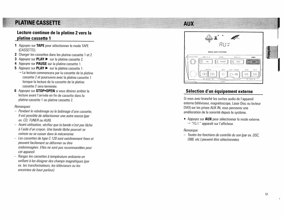 Sélection d'un équipement externe, Platine cassette | Philips FW754P37 User Manual | Page 51 / 86