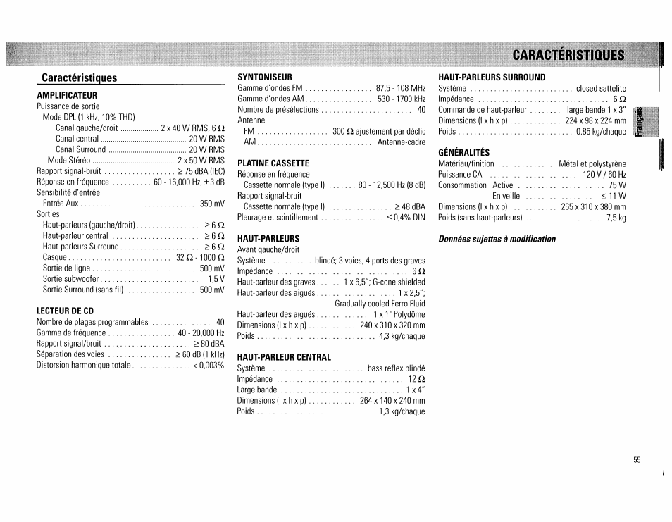 Caractehistiaues, Caractéristiques | Philips FW754P37 User Manual | Page 55 / 86