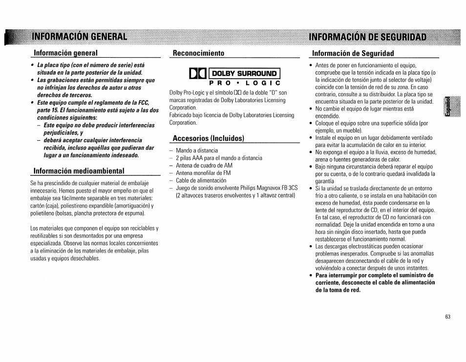 Información general, Información de seguridad | Philips FW754P37 User Manual | Page 63 / 86
