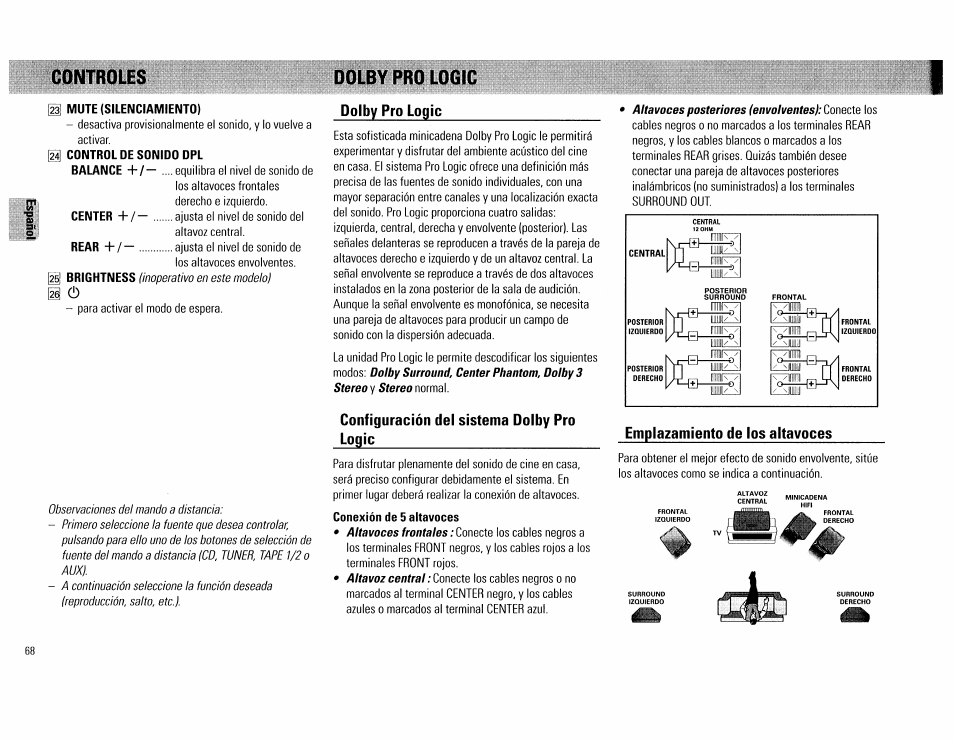 Mute (silenciamiento), Control de sonido dpl, Dolby pro logic | Dolby pro loflic, Configuración del sistema dolby pro logic, Conexión de 5 altavoces, Emplazamiento de los altavoces, Controles | Philips FW754P37 User Manual | Page 68 / 86