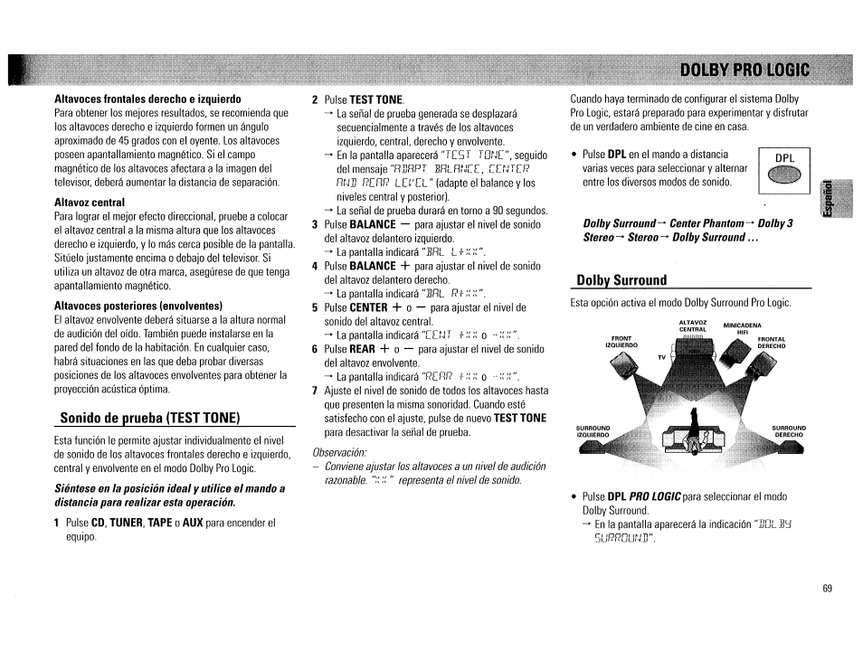 Altavoces frontales derecho e izquierdo, Altavoz central, Altavoces posteriores (envolventes) | Sonido de prueba (test tone), 2 pulse test tone, Dolby pro logic, Dolby surround | Philips FW754P37 User Manual | Page 69 / 86