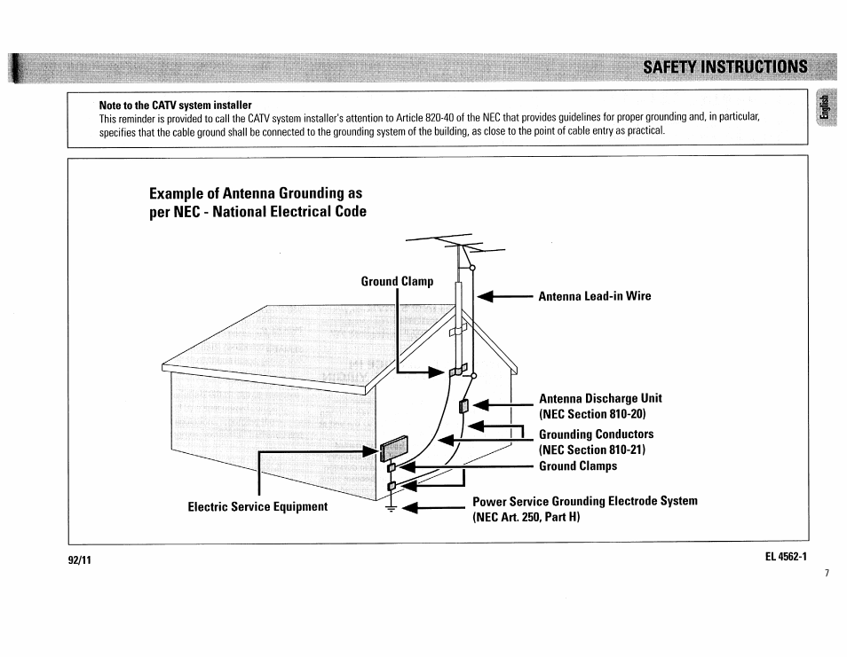 Safety instructions, Note to the catv system installer, El 4562-1 | Philips FW754P37 User Manual | Page 7 / 86