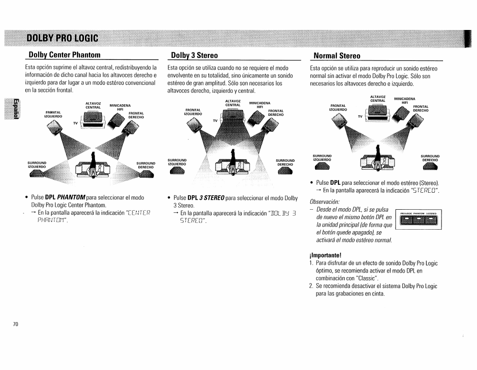 Dolby pro logic, Dolby center phantom, Dolby 3 stereo | Normal stereo, Importante, Dolby pro logic - 70 | Philips FW754P37 User Manual | Page 70 / 86