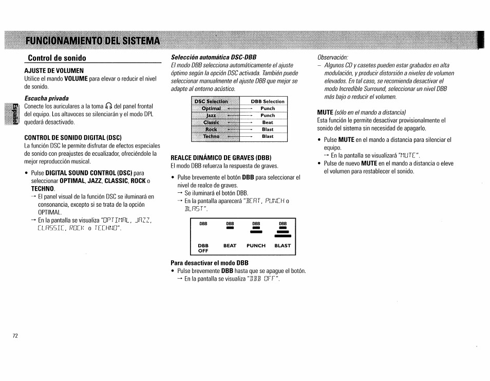 Del sistema, Control de sonido, Ajuste de volumen | Control de sonido digital (dsc), Realce dinámico de graves (dbb), Para desactivar el modo dbb | Philips FW754P37 User Manual | Page 72 / 86