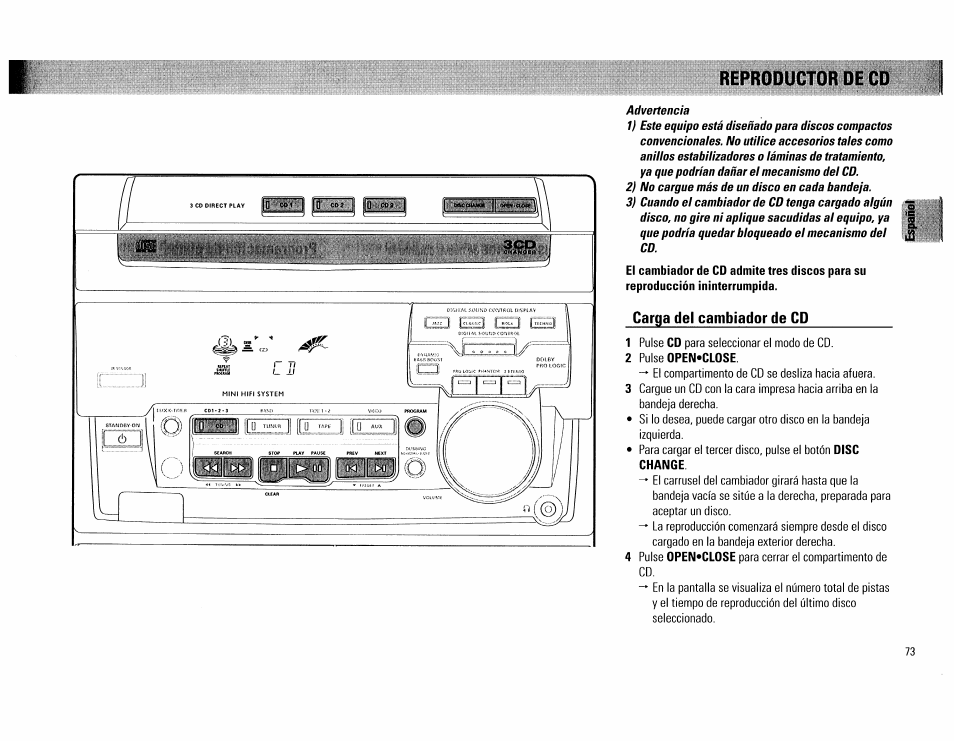 Carga del cambiador de cd, 2 pulse open*close, Â eu | Ёе1э, Яиямид | Philips FW754P37 User Manual | Page 73 / 86