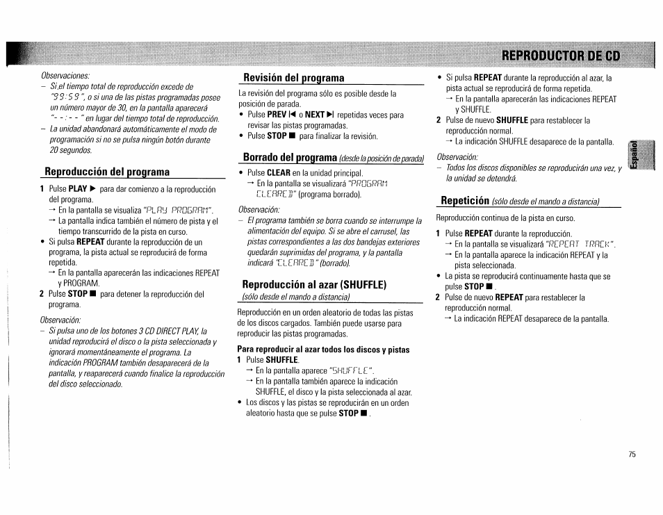 Reproducción del programa, Revisión del programa, Reproducción al azar (shuffle) | Reproductor de cd | Philips FW754P37 User Manual | Page 75 / 86