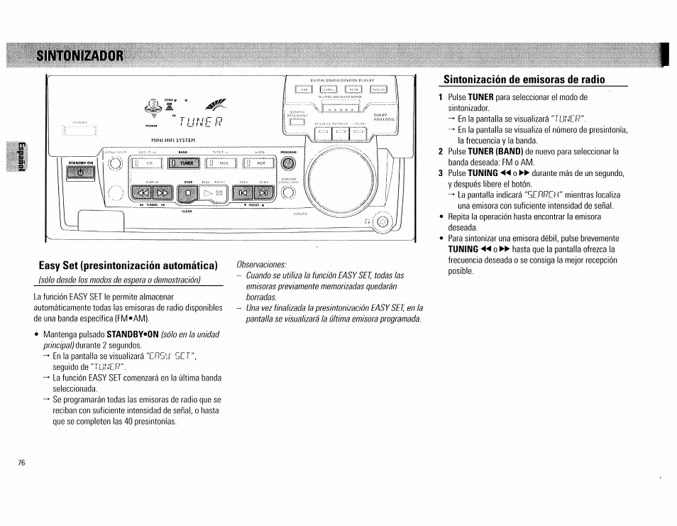 Easy set (presintonización automática), Sintonización de emisoras de radio | Philips FW754P37 User Manual | Page 76 / 86