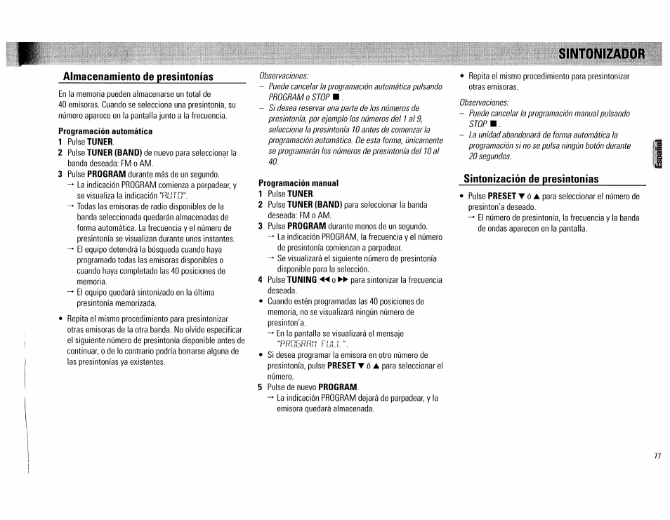 Sintonizador, Programación automática, 1 pulse tuner | Programación manual, Sintonizador - 77 | Philips FW754P37 User Manual | Page 77 / 86