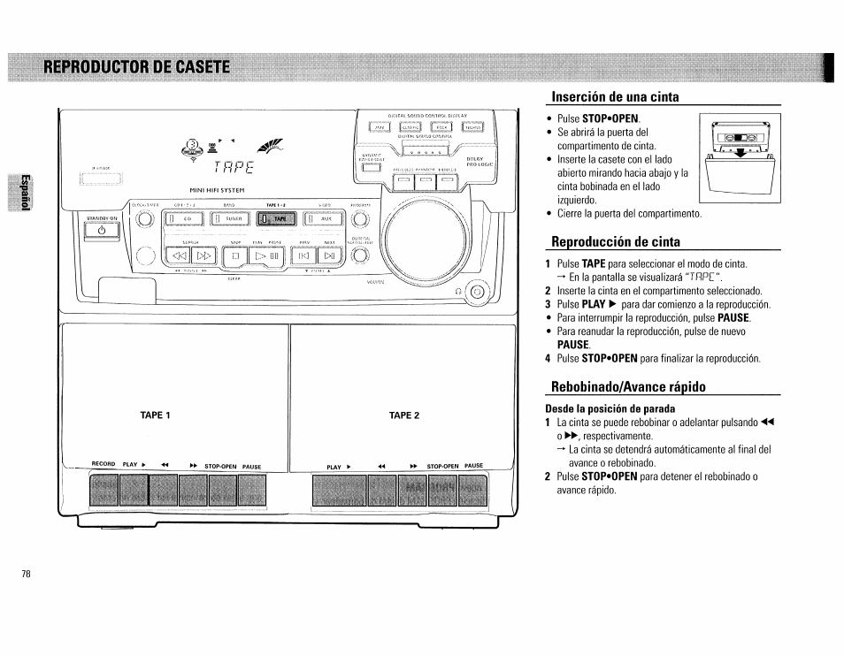 Inserción de una cinta, Pulse stop-open, Reproducción de cinta | Rebobínado/avance rápido, Desde la posición de parada, Reproductor de casete | Philips FW754P37 User Manual | Page 78 / 86