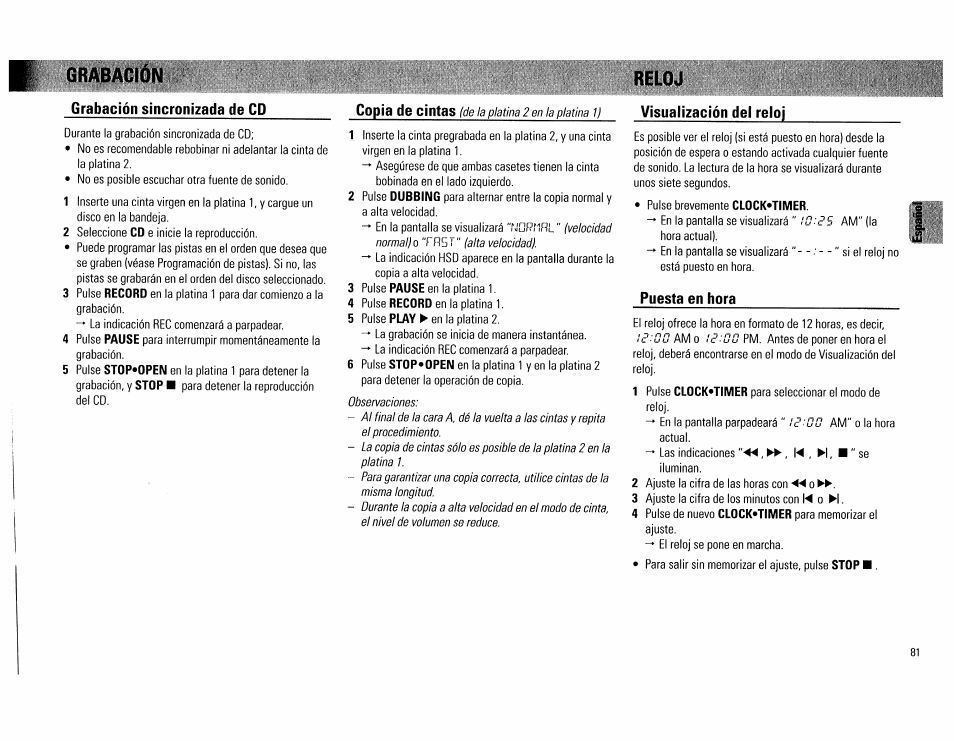 Grabación sincronizada de cd, Puesta en hora | Philips FW754P37 User Manual | Page 81 / 86