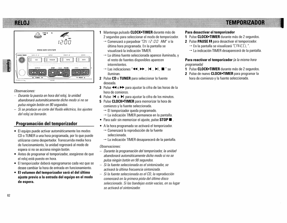 Programación del temporizador, Temporizador, Para desactivar ei temporizador | Philips FW754P37 User Manual | Page 82 / 86