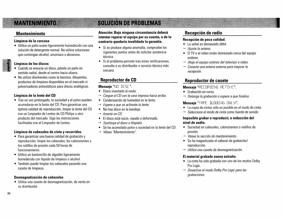 Mantenimiento, Limpieza de los discos, Limpieza de la lente del cd | Limpieza de cabezales de cinta y recorridos, Desmagnetización de cabezales, Recepción de radio, Reproductor de cp, Mensaje "nd si5c, Reproductor de casete, Reproductor de cd - 75 | Philips FW754P37 User Manual | Page 84 / 86