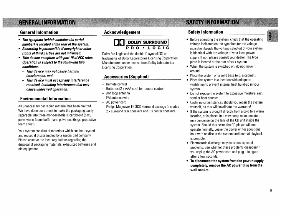 General information, Environmental information, Acknowledgement | Accessories (supplied), Safety information, General/safety information -9 | Philips FW754P37 User Manual | Page 9 / 86