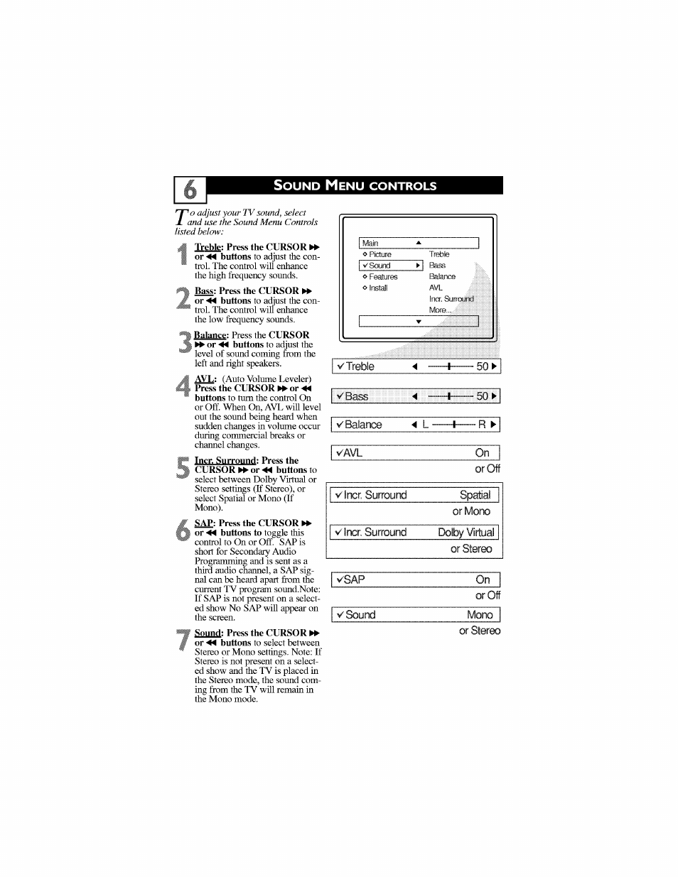 Vbass, V balance, Or oft | Vincr. surround, Spatial, Or mono, V incr. surround, Dolby virtual, Or stereo, Or off | Philips 30PW6341-37 User Manual | Page 10 / 42