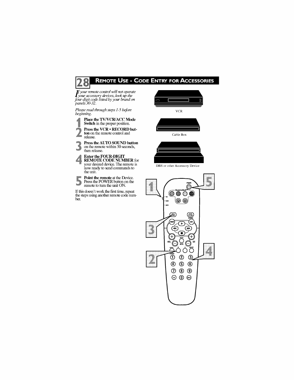 Press the vcr • record hut, Press the auto sound button, Enter the four-digit remote code number for | Philips 30PW6341-37 User Manual | Page 32 / 42