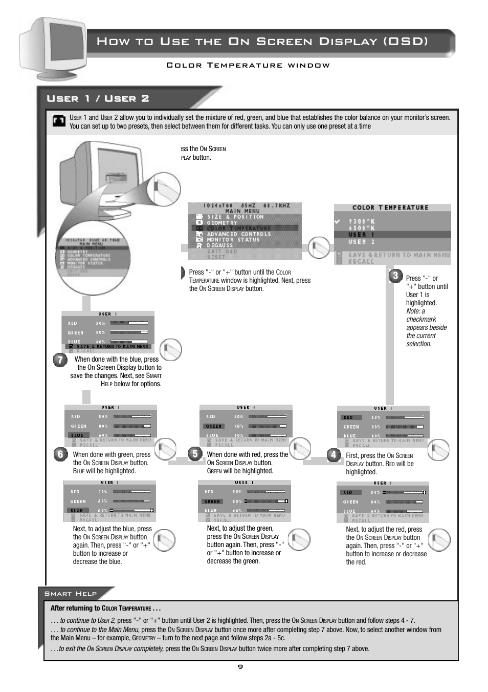 How to use the on screen display (osd), User 1 / user 2 | Philips 19B2502H99 User Manual | Page 10 / 18