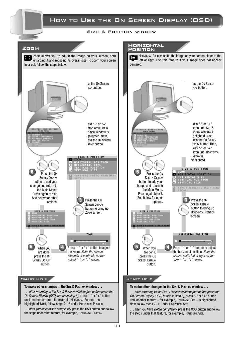 How to use the on screen display (osd), Zoom, Horizont | Horizont al al position position | Philips 19B2502H99 User Manual | Page 12 / 18