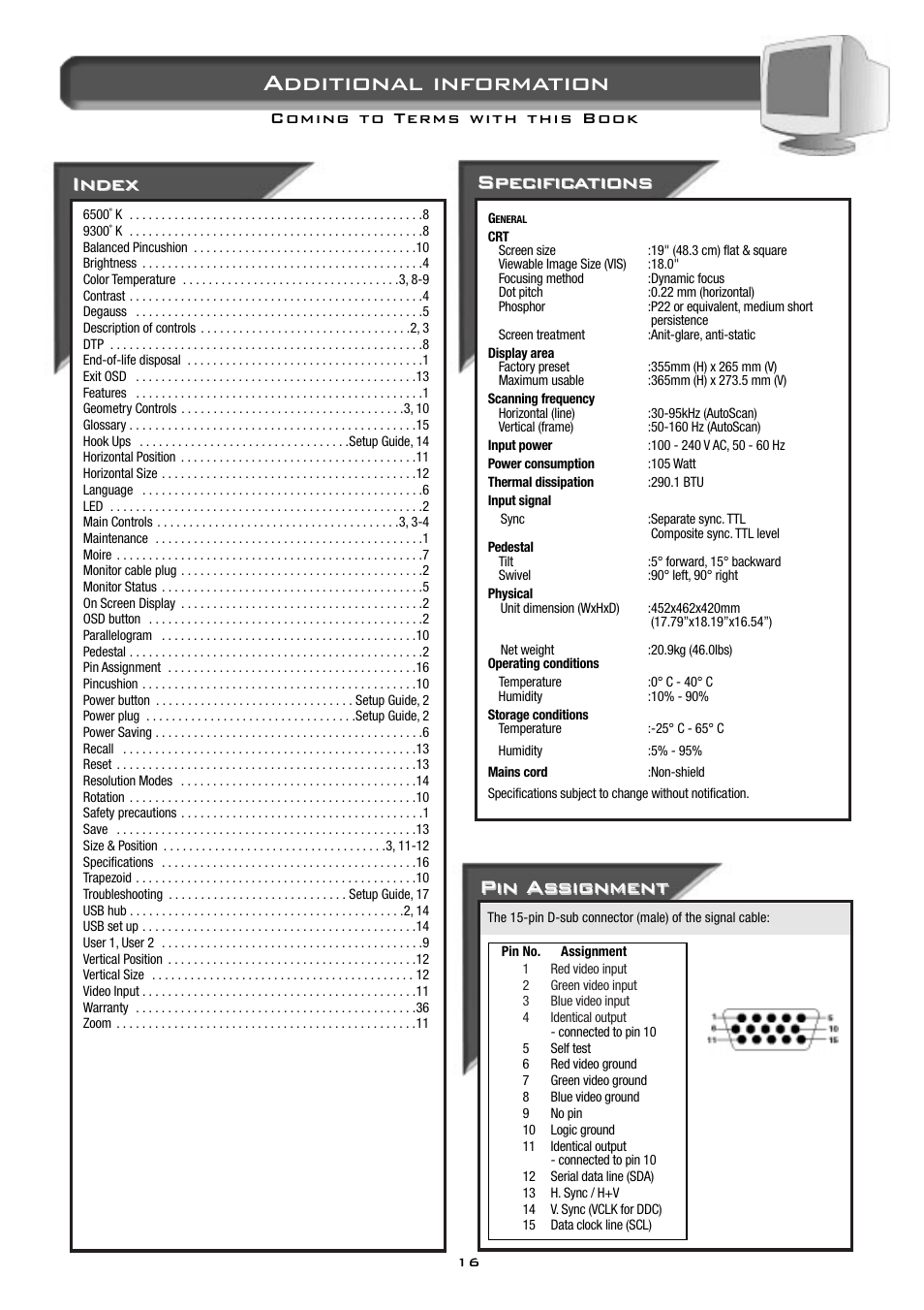 Additional information, Pin as, Pin as signment signment | Specific, Specific a a tions tions, Index | Philips 19B2502H99 User Manual | Page 17 / 18