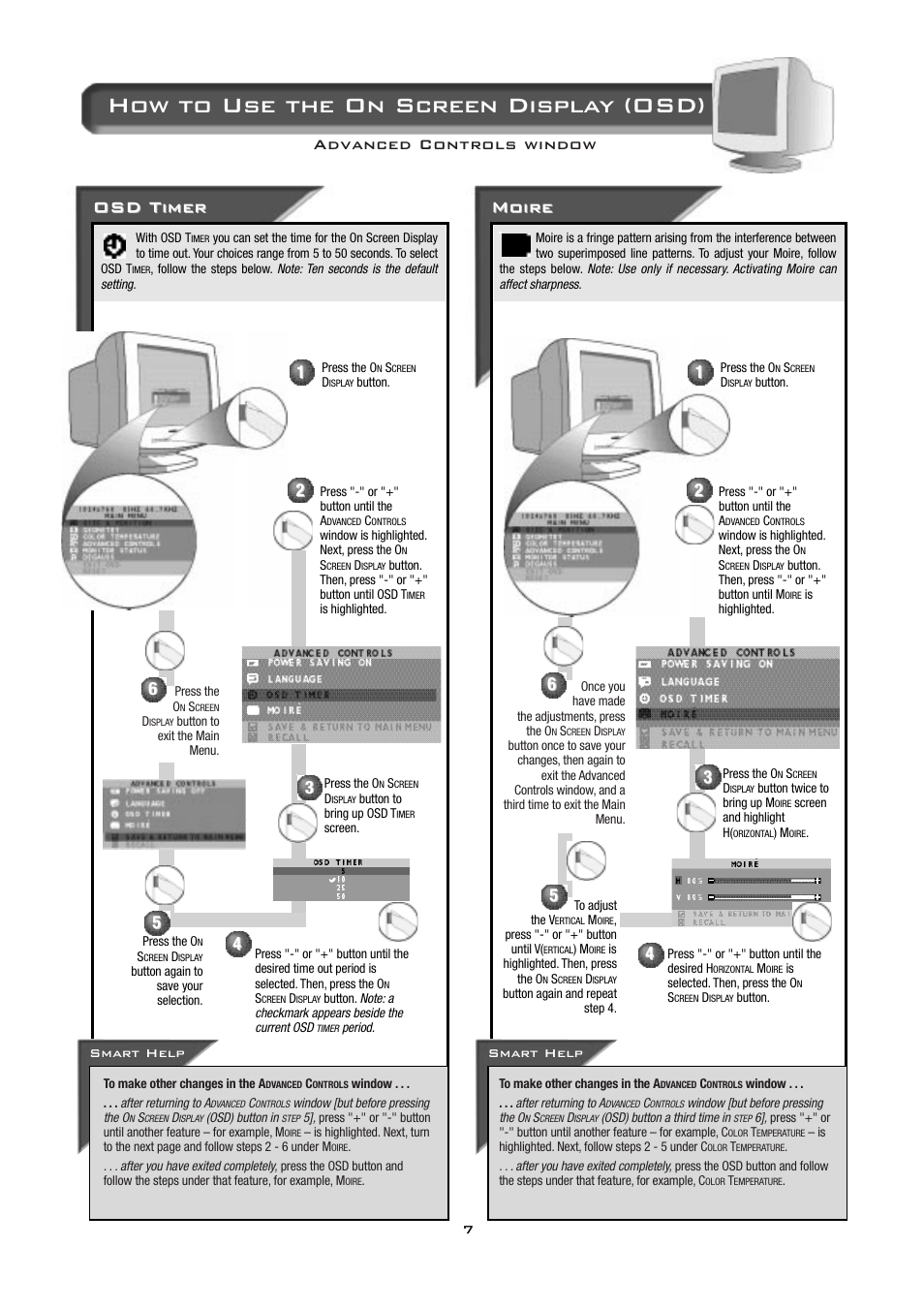 How to use the on screen display (osd), Osd timer, Moire | Advanced controls window | Philips 19B2502H99 User Manual | Page 8 / 18