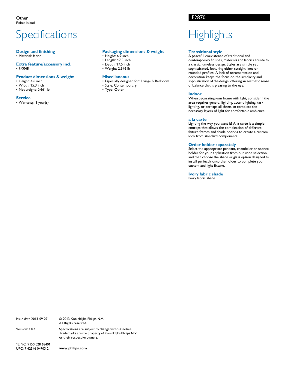 Specifications, Highlights, F2870 | Philips F2870 User Manual | Page 2 / 2
