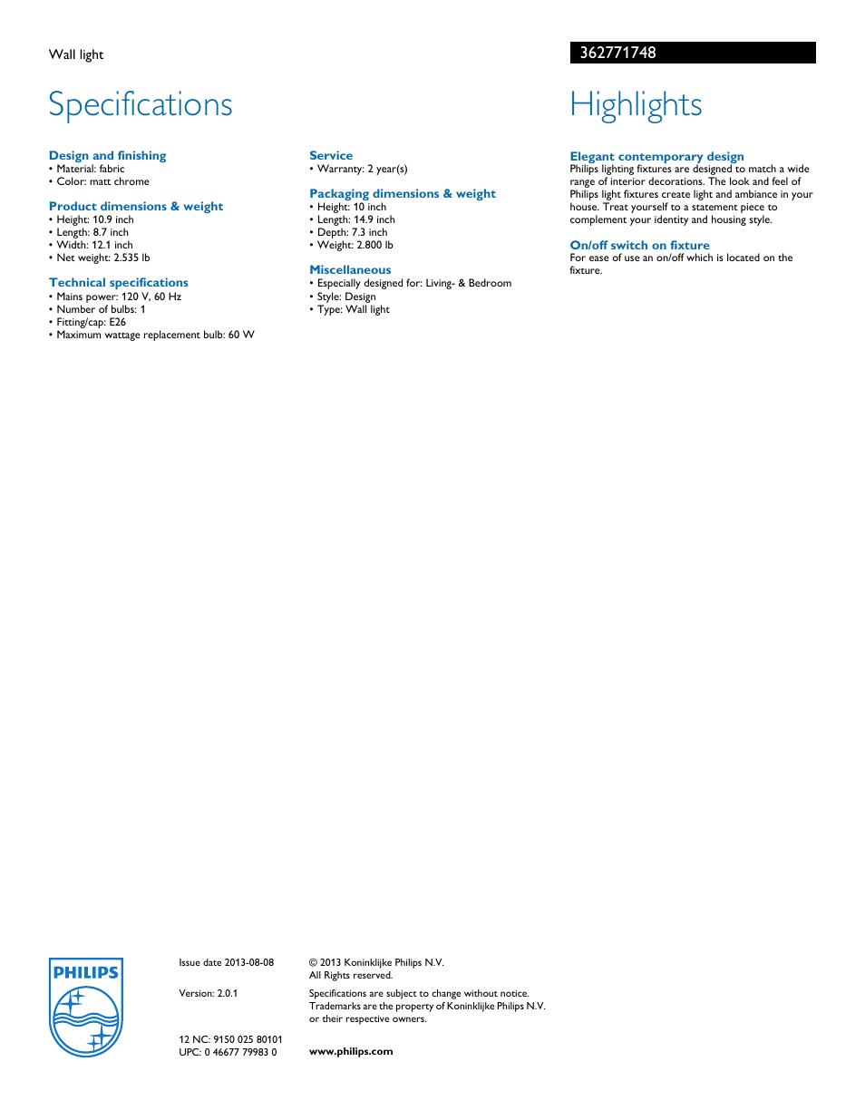 Specifications, Highlights | Philips 362771748 User Manual | Page 2 / 2