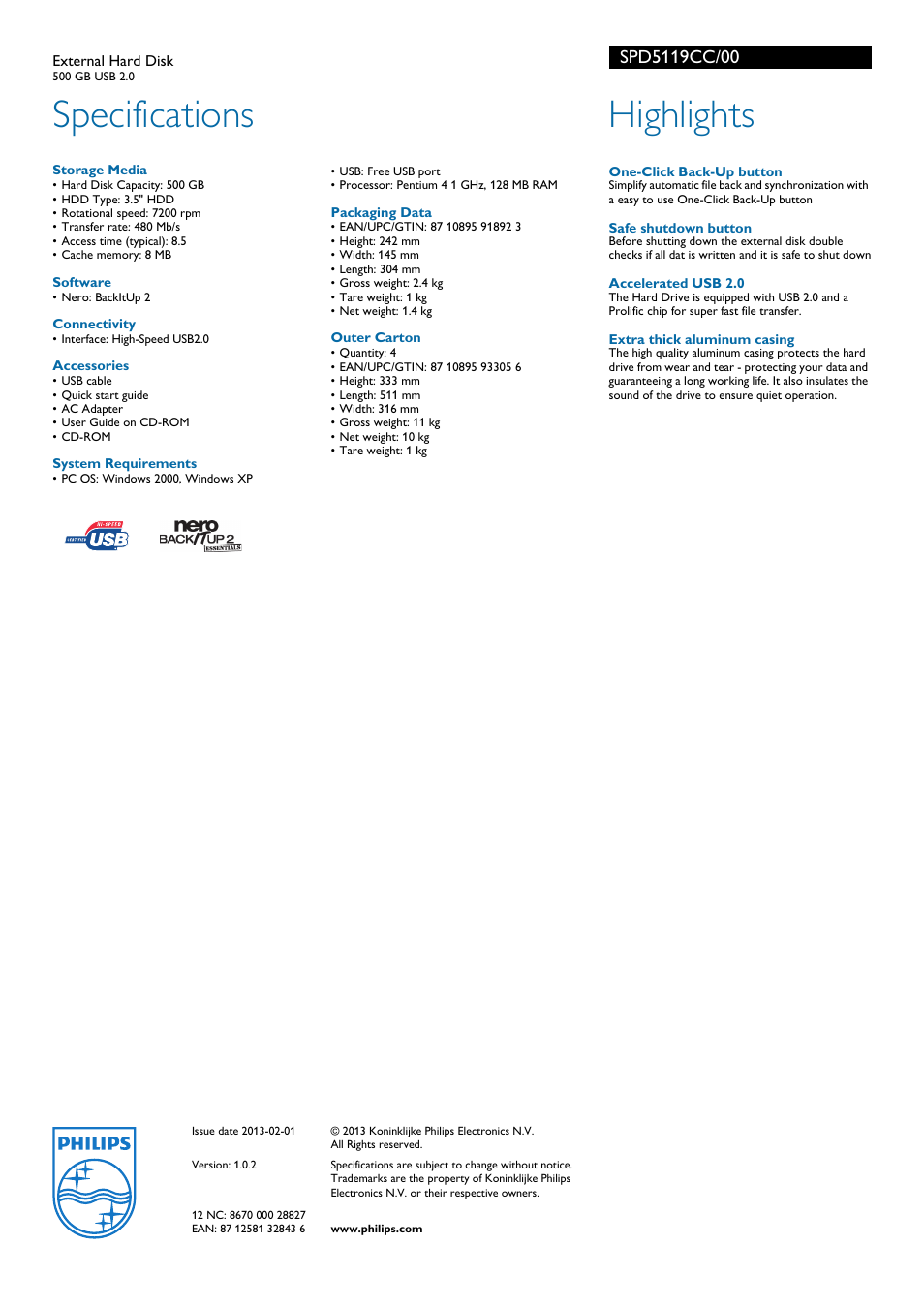 Specifications, Highlights | Philips SPD5119CC-00 User Manual | Page 2 / 2